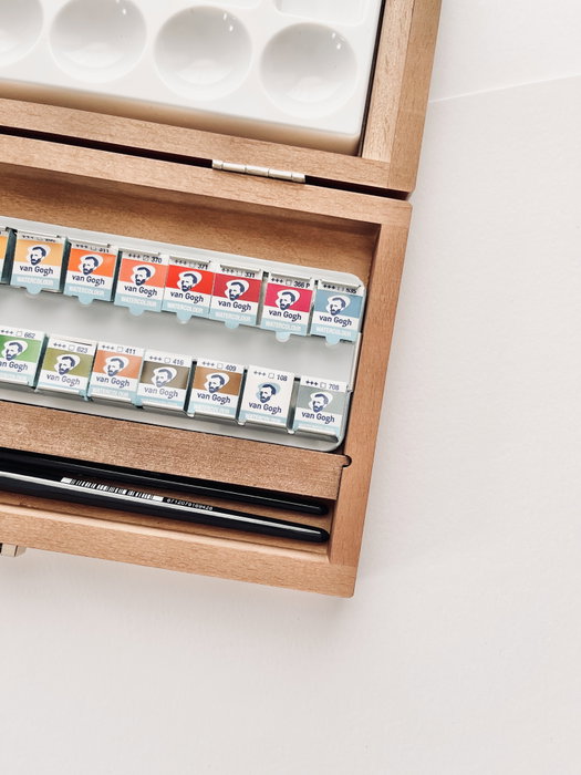 Van Gogh Set d'aquarelles en boîte en bois, 24 couleurs en demi-pastilles et 3 accessoires